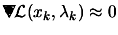 $ \begin{picture}(.27,.3)
\put(0,0){\makebox(0,0)[bl]{$\nabla$}}
\put(.16,.17){\circle*{.18}}
\end{picture}
\L (x_k,\lambda_k)\approx 0$